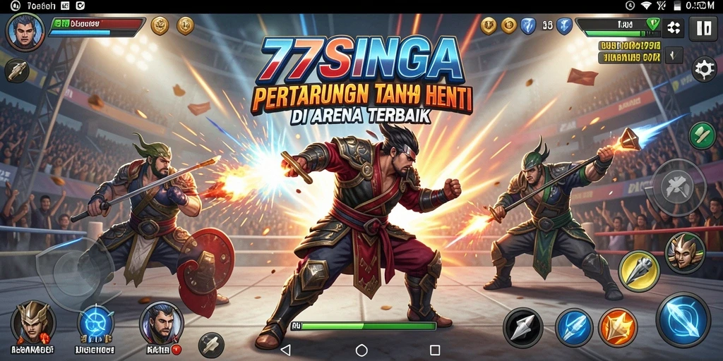 Screenshot utama 77SINGA menampilkan pertarungan seru antara karakter lawan.