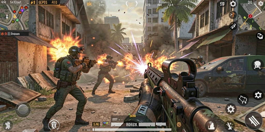 Tangkapan layar utama DKK menampilkan aksi gameplay FPS yang intens.