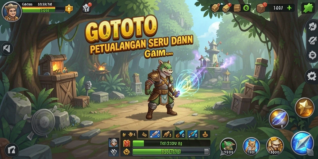 Tampilan gameplay GOTOTO dengan karakter lucu dan lingkungan cerah.