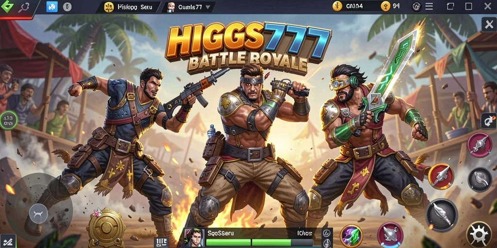 Screenshot utama HIGGS777 menampilkan aksi seru dalam pertempuran Battle Royale.