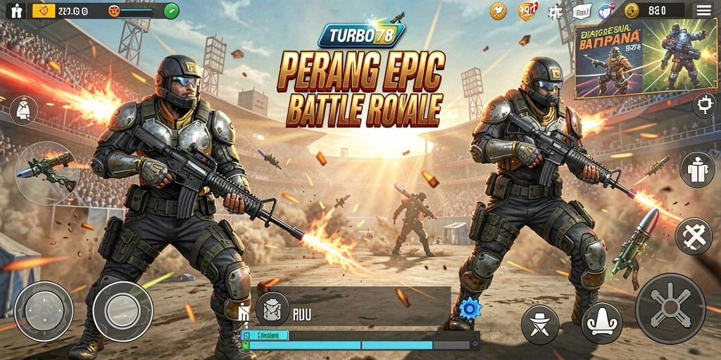 Screenshot utama TURBO78 menampilkan aksi tempur seru di arena Battle Royale.