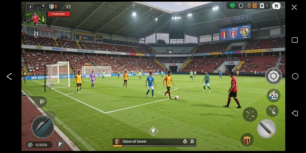 Tampilan seru dari gameplay V21 menunjukkan aksi di lapangan sepak bola.
